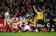 25 October 2008; Isaac Boss, Ulster, hidden, goes over for Ulster's third try. Magners League, Ulster v Munster, Ravenhill Park, Belfast, Co. Antrim. Picture credit: Oliver McVeigh / SPORTSFILE
