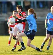 26 October 2008; Cora Courtney, Donaghmoyne, in action against Deirdre Foley, Moville. VHI Healthcare Ulster Senior Ladies Football Final, Donaghmoyne, Monaghan v Moville, Donegal, Gallbally, Co. Tyrone. Picture credit: Oliver McVeigh / SPORTSFILE