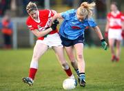 26 October 2008; Hazel Kingham, Donaghmoyne, in action against Anita Doherty, Moville. VHI Healthcare Ulster Senior Ladies Football Final, Donaghmoyne, Monaghan v Moville, Donegal, Gallbally, Co. Tyrone. Picture credit: Oliver McVeigh / SPORTSFILE