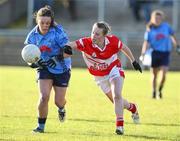 26 October 2008; Aisling Newton, Moville, in action against Elaine Martin, Donaghmoyne. VHI Healthcare Ulster Senior Ladies Football Final, Donaghmoyne, Monaghan v Moville, Donegal, Gallbally, Co. Tyrone. Picture credit: Oliver McVeigh / SPORTSFILE