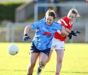 26 October 2008; Aisling Newton, Moville, in action against Elaine Martin, Donaghmoyne. VHI Healthcare Ulster Senior Ladies Football Final, Donaghmoyne, Monaghan v Moville, Donegal, Gallbally, Co. Tyrone. Picture credit: Oliver McVeigh / SPORTSFILE