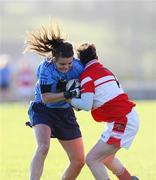 26 October 2008; Niamh Hegarty, Moville, in action against Joanne Courtney, Donaghmoyne. VHI Healthcare Ulster Senior Ladies Football Final, Donaghmoyne, Monaghan v Moville, Donegal, Gallbally, Co. Tyrone. Picture credit: Oliver McVeigh / SPORTSFILE