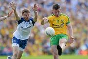 19 July 2015; Patrick McBrearty, Donegal, in action against  Dessie Mone, Monaghan. Ulster GAA Football Senior Championship Final, Donegal v Monaghan, St Tiernach's Park, Clones, Co. Monaghan. Picture credit: Oliver McVeigh / SPORTSFILE