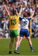19 July 2015; Patrick McBrearty, Donegal, and Colin Walshe, Monaghan, appeal to the umpires following a late kick at the posts from McBrearty which was ultimately given as a wide. Ulster GAA Football Senior Championship Final, Donegal v Monaghan, St Tiernach's Park, Clones, Co. Monaghan. Picture credit: Stephen McCarthy / SPORTSFILE