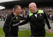 19 July 2015; Mayo joint manager Pat Holmes, right, and Sligo manager Niall Carew at the of the game. Connacht GAA Football Senior Championship Final, Mayo v Sligo, Dr. Hyde Park, Roscommon. Picture credit: David Maher / SPORTSFILE