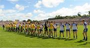19 July 2015;  Donegal and  Monaghan teams taking part in the pre match friendship handshake. Ulster GAA Football Senior Championship Final, Donegal v Monaghan, St Tiernach's Park, Clones, Co. Monaghan. Picture credit: Oliver McVeigh / SPORTSFILE
