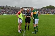 18 July 2015; Referee Maurice Deegan performs trhe coin toss in the company of team captains Michael Shields, left, Cork and Kieran Donaghy, Kerry. Munster GAA Football Senior Championship Final Replay, Kerry v Cork, Fitzgerald Stadium, Killarney, Co. Kerry. Picture credit: Brendan Moran / SPORTSFILE