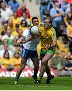 19 July 2015; Neil Gallagher, Donegal, in action against Ryan Wylie, Monaghan. Ulster GAA Football Senior Championship Final, Donegal v Monaghan, St Tiernach's Park, Clones, Co. Monaghan. Picture credit: Dáire Brennan / SPORTSFILE