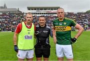 18 July 2015; Referee Maurice Deegan with team captains Michael Shields, Cork, and Kieran Donaghy, Kerry, before the game. Munster GAA Football Senior Championship Final Replay, Kerry v Cork, Fitzgerald Stadium, Killarney, Co. Kerry. Picture credit: Brendan Moran / SPORTSFILE