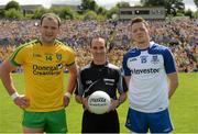19 July 2015; Referee David Coldrick with Donegal captain Michael Murphy, left, and Monaghan captain Conor McManus before the game. Ulster GAA Football Senior Championship Final, Donegal v Monaghan, St Tiernach's Park, Clones, Co. Monaghan. Picture credit: Oliver McVeigh / SPORTSFILE