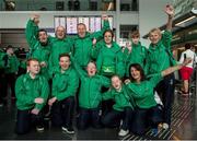 21 July 2015; Team Ulster members Patrick Quinlivan, a member of SALTO Gymnastics Club, from Letterkenny, Co Donegal, Oliver Doherty, a member of Inishowen Special Olympics Club, from Buncrana, Co Donegal, Sean Campbell, a member of Causeway Coast Special Olympics Club, from Coleraine, Co Derry, Carole Catling, a member of Abbotscross Special Olympics club, from Newtownabbey, Co. Antrim, Jill Connery, a playing partner of athlete Ursula McDonnell, from Scarva, Co Armagh, Ursula McDonnell, a member of Belfast Eagles Special Olympics Club, from Belfast, front row, Peter Fitzpatrick, a member of Down Special Olympics Club, from Ballynahinch, Co. Down, Team Ireland’s Christopher Kane, a member of Lisburn Together Special Olympics Club, from Lisburn, Team Ireland’s Nuala Browne, a member of North West Special Olympics Club, from Strabane, Co Tyrone, Team Ireland’s Dearbhail Savage, a member of Saddle and Reins Special Olympics Club, from Mowhan, Co Armagh, and Roisín Henry, back row,   ahead of departing for the Special Olympics World Summer Games in Los Angeles, United States. Terminal 2, Dublin Airport, Dublin. Picture credit: Ray McManus / SPORTSFILE