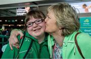 21 July 2015; Team Ireland’s Laura Ahern, a member of Owenabue Special Olympics Gymnastics Club, from Glanmire, Co Cork, is kissed by her mother Rena ahead of departing for the Special Olympics World Summer Games in Los Angeles, United States. Terminal 2, Dublin Airport, Dublin. Picture credit: Ray McManus / SPORTSFILE