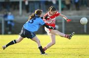 26 October 2008; Fiona Courtney, Donaghmoyne, in action against Sarah Faulkner, Moville. VHI Healthcare Ulster Senior Ladies Football Final, Donaghmoyne, Monaghan v Moville, Donegal, Gallbally, Co. Tyrone. Picture credit: Oliver McVeigh / SPORTSFILE