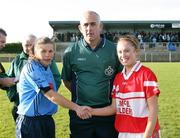 26 October 2008; Moville captain Aoife Hegarty, left, Referee Eugene O'Haire, Down, and Donaghmoyne Captain Joanne Geoghan. VHI Healthcare Ulster Senior Ladies Football Final, Donaghmoyne, Monaghan v Moville, Donegal, Gallbally, Co. Tyrone. Picture credit: Oliver McVeigh / SPORTSFILE