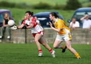 31 August 2008; Louise Glass, Derry, in action against Michelle Drayne, Antrim. TG4 All-Ireland Ladies Junior Football Championship Semi-Final, Antrim v Derry, O'Rahilly Park, Mullaghbawn, Co. Armagh. Picture credit: Oliver McVeigh / SPORTSFILE