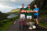 21 July 2015; In attendance at the GAA Football All-Ireland Senior Championship Series 2015 launch, are from left,  Cillian O'Connor, Mayo, James O'Donoghue, Kerry, and Philly McMahon, Dublin, with the Sam Maguire Cup. Gap of Dunloe, Killarney, Co. Kerry. Picture credit: Brendan Moran / SPORTSFILE