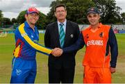 21 July 2015; Namibia Captain Nicolaas Scholtz, left, Match Referee Steve Bernard, centre, and Netherlands Captain Peter Borren, right, during the toss before the start of the match. ICC World Twenty20 Qualifier 2015, Play-Off 2, Namibia v Netherlands, Malahide, Dublin. Picture credit: Seb Daly / ICC / SPORTSFILE