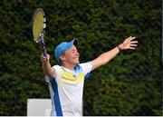 22 July 2015; Bjorn Thomson, Ireland, celebrates after he, and team-mate Simon Carr, defeated Lorenzo and Marco Di Maro, Italy, in doubles. FBD Irish Men's Open Tennis Championship, Fitzwilliam Lawn Tennis Club, Dublin. Picture credit: Cody Glenn / SPORTSFILE