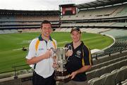 30 October 2008; The Australian captain Brent Harvey and the Irish captain Sean Cavanagh with the Cormac McAnallen Cup in advance of the second test. International Rules Series, Australia v Ireland, Melbourne Cricket Ground, Melbourne, Australia. Picture credit: Ray McManus / SPORTSFILE