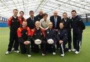 30 October 2008; Department of Education Minister Caitriona Ruane, centre, along with Ulster GAA council President Tom Daly, Irish Football association President Raymond Kennedy and coaches from GAA and IF, at a GAA/IFA Schools coaches training day. Meadowbank Sports Arena, Magherafelt, Co. Derry. Picture credit: Oliver McVeigh / SPORTSFILE