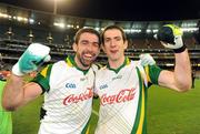 31 October 2008; Ireland and Tyrone brothers Joe, left, and Justin McMahon celebrate victory. Toyota International Rules Series, Australia v Ireland, Melbourne Cricket Ground, Melbourne, Australia. Picture credit: Ray McManus / SPORTSFILE