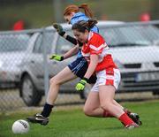 1 November 2008; Cathriona McConnell, Donaghmoyne, in action against Deirdre Foley, Moville. VHI Healthcare Ulster Senior Club Ladies Football Final Replay, Donaghmoyne, Monaghan v Moville, Donegal, Kinawley, Co. Fermanagh. Picture credit: Pat Murphy / SPORTSFILE