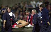 8 September 2000; Munster's John Langford is stretchered off after getting an ankle injury during the Interprovincial Championship match between Munster and Leinster at Musgrave Park in Cork. Photo by Matt Browne/Sportsfile