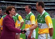 10 September 2000; President of Ireland, Mary McAleese, meets Offaly's Joe Dooley ahead of the All-Ireland Senior Hurling Championship Final match between Kilkenny and Offaly at Croke Park in Dublin. Photo by Ray McManus/Sportsfile
