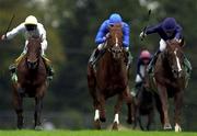 9 September 2000; Giant's Causeway, right, with Mick Kinane up on their way to win the Esat Digifone Irish Champion Stakes, from Greek Dance with Johnny Murtagh, left and Best of the Best, Frankie Dettori, centre during horse racing from Leopardstown in Dublin. Photo by Matt Browne/Sportsfile