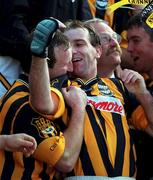 10 September 2000; DJ Carey of Kilkenny celebrates with team-mate Willie O'Connor following the All-Ireland Senior Hurling Championship Final match between Kilkenny and Offaly at Croke Park in Dublin. Photo by Ray McManus/Sportsfile