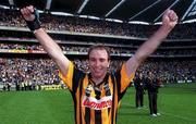 10 September 2000; DJ Carey of Kilkenny celebrates on Hill 16 after the All-Ireland Senior Hurling Championship Final match between Kilkenny and Offaly at Croke Park in Dublin. Photo by Ray McManus/Sportsfile