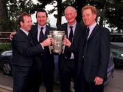 11 September 2000; From left are Willie O'Connor, Kilkenny captain, Ger Henderson, Kilkenny selector, Brian Cody, Kilkenny manager and Johnny Walsh, Kilkenny selector with the Liam MacCarthy cup at the after match reception held at City West Hotel in Dublin. Photo by Damien Eagers/Sportsfile