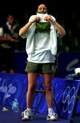 14 September 2000; Ireland's Badminton Olympian Sonia McGinn gets changed after a training session. Pavillion 3, Sydney Olympic Park. Homebush Bay, Sydney, Australia. Photo by Brendan Moran/Sportsfile