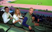 14 September 2000; Ireland's three hurdlers, from left, Peter Coghlan, men's 110m,, Susan Smith Walsh, women's 400m, and Tom McGurk, Men's 400m, pictured relaxing at the Athletics Warm-up track in Sydney Olympic Park, Homebush Bay, Sydney, Australia. Photo by Brendan Moran/Sportsfile