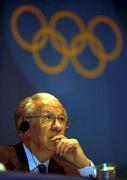 14 September 2000. President of the International Olympic Committee, Juan Antonia Samaranch listens to questions from the floor at a Press Conference in the main press centre. Sydney Olympic Park. Homebush Bay, Sydney, Australia. Photo by Brendan Moran/Sportsfile