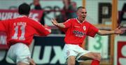 15 September 2000; Richie Foran, right, of Shelbourne celebrates after scoring his sides first goal during the Eircom League Premier Division match between Shelbourne and Bohemians at Tolka Park in Dublin. Photo by David Maher/Sportsfile
