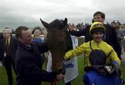 16 September 2000; David Harrison on Arctic Owl, celebrates after winning the Jefferson Smurfit Memorial Irish St. Leger at the Curragh in Kildare. Photo by Matt Browne/Sportsfile