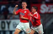 15 September 2000; Richie Foran of Shelbourne, left, celebrates with Richie Baker after scoring his sides first goal during the Eircom League Premier Division match between Shelbourne and Bohemians at Tolka Park in Dublin. Photo by David Maher/Sportsfile