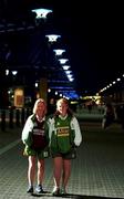 21 September 2000; Ireland's Olympic female walkers, Olive Loughnane, left who comes from Galway and Gillian O'Sullivan, who comes from Kerry, who will be supporting their counties in the All-Ireland Football Final on Sunday next, pictured outside Stadium Australia, Sydney Olympic Park at Homebush Bay in Sydney, Australia. Photo by Brendan Moran/Sportsfile