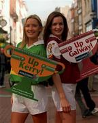 22 September 2000; Models Lorraine Mannion, Galway jersey, (left) and Jennifer Langan, Kerry jersey pictured with the last two tickets for Sunday's Bank of Ireland All Ireland Football Final between Galway and Kerry. Photo by Damien Eagers/Sportsfile