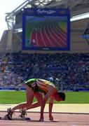 22 September 2000; Ireland's Tomas Coman on the starting blocks for his heat of the men's 400m. Stadium Australia, Sydney Olympic Park. Homebush Bay, Sydney, Australia.  Photo by Brendan Moran/Sportsfile