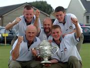23 September 2000; The victorious Moate team, front row from, left, Eamon Coughlan, Dominic Fitzpatrick and Thomas Higgins, back row, Karl Fitzsimons, left, and Thomas Fox celebrate after their win during the Bulmers Jimmy Bruen Shield Final at Lahinch Golf Course, Lahinch in Clare. Photo by Ray McManus/Sportsfile