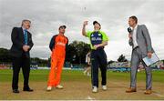 25 July 2015; Match Referee David Jukes, Netherlands Captain Peter Borren, Ireland Captain William Porterfield and Presenter Dominic Cork during the toss before the match. ICC World Twenty20 Qualifier 2015 Semi-Final, Ireland v Netherlands. Malahide, Dublin. Picture credit: Seb Daly / ICC / SPORTSFILE