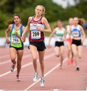 24 July 2015; Laura Whitelaw, Mullingar Harriers, wins the Junior Women's 800m event. Morton Games International Athletics Meeting. Morton Stadium, Santry, Co. Dublin. Picture credit: Stephen McCarthy / SPORTSFILE