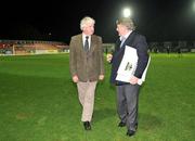 4 November 2008; General Manager of Cork City FC, Gerry Nagle, right, after he was presented with a cheque for €150,000 by Chairman of the Setanta Sports Cup Organising Commitee Milo Corcoran for their cup final win. eircom League of Ireland Premier Division, St. Patrick's Athletic v Cork City, Richmond Park, Dublin. Picture credit: Brian Lawless / SPORTSFILE