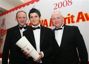 1 November 2008; Cushendall Ruairi Og's hurler Shane McNaughton, centre, is presented with the October Tennent’s/Ulster GAA Writers’ Award by Jeff Tosh, Sales Director, Inbev Ireland, left, and Tom McCusker, Managing Director, Inbev Ireland, at the Ulster GAA Writers’ banquet in the The Hillgrove Hotel, Leisure & Spa, Monaghan. Shane has been in the Cushendall senior panel since the age of 15 and has been three years in the Antrim senior squad. To date, he has won two Ulster and three Antrim senior medals plus three Ulster Minor awards and a Walsh Cup medal. The Hillgrove Hotel, Leisure & Spa, Monaghan. Picture credit: Oliver McVeigh / SPORTSFILE