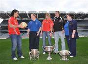 6 November 2008; Special Olympics Ireland launched their new Health Promotion Programme in Croke Park, the aim of the Programme, which is supported by the Daughters of Charity Service and the Health Service Executive, is to develop a pack of health promotion resources to be used by people with intellectual disabilities. At the launch are Special Olympics Athletes Brian Keogh and Lynn Conroy along with GAA Stars Kilkenny hurler James 'Cha' Fitzpatrick, Cork footballer Angela Walsh, centre, and Cork camogie star Catriona Foley, left. Croke Park, Dublin. Picture credit: Brian Lawless / SPORTSFILE