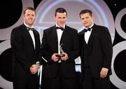 7 November 2008; Enda McGinley, of Tyrone, is presented with his GPA award by Dave Sheeran, Managing Director, OPEL Ireland, left, and Dessie Farrell, Chief Executive, Gaelic Players Association, during the 2008 Opel Gaelic Players of the Year awards for Hurling and Football. Citywest Hotel, Conference, Leisure & Golf Resort, Dublin. Picture credit: Brendan Moran / SPORTSFILE