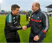25 July 2015; Kildare manager Jason Ryan shakes hands with Cork manager Brian Cuthbert after the game. GAA Football All-Ireland Senior Championship, Round 4A, Kildare v Cork. Semple Stadium, Thurles, Co. Tipperary. Picture credit: Stephen McCarthy / SPORTSFILE