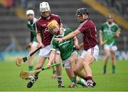 26 July 2015; Darragh Carroll, Limerick, in action against Jack Coyne, left, and Caelom Mulry, Galway. Electric Ireland GAA Hurling All-Ireland Minor Championship, Quarter-Final, Limerick v Galway. Semple Stadium, Thurles, Co. Tipperary. Picture credit: Stephen McCarthy / SPORTSFILE